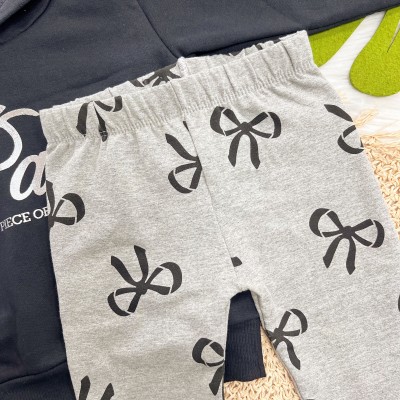 Conj. Blusa de Moletom com Capuz Paris e Calça Legging Laços - Preto e Mescla